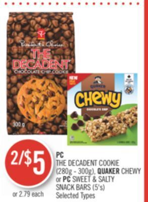 Shoppers Drug Mart Pc the decadent cookie (280g - 300g), quaker chewy or pc sweet & salty snack bars (5's) offer