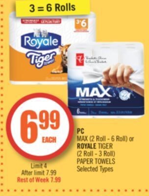 Shoppers Drug Mart Pc max (2 roll - 6 roll) or royale tiger (2 roll - 3 roll) paper towels offer