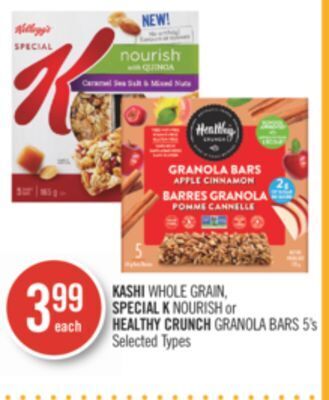 Shoppers Drug Mart Kashi whole grain, special k nourish or healthy crunch granola bars offer