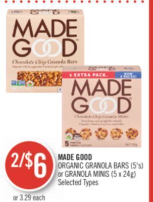 Shoppers Drug Mart Made good organic granola bars (5's) or granola minis (5 x 24g) offer