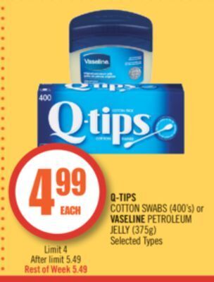 Shoppers Drug Mart Q-tips cotton swabs (400's) or vaseline petroleum jelly (375g) offer