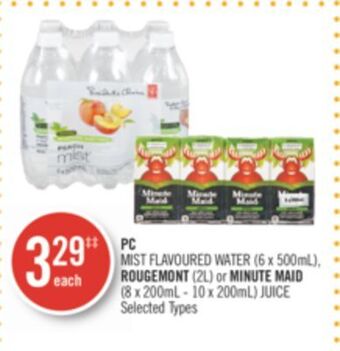 Shoppers Drug Mart Pc mist flavoured water (6 x 500ml), rougemont (2l) or minute maid (8 x 200ml - 10 x 200ml) juice offer