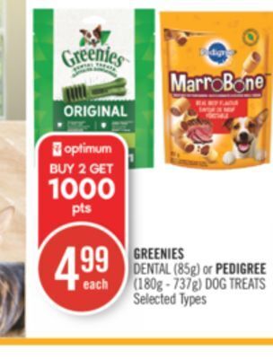 Shoppers Drug Mart Greenies dental (85g) or pedigree (180g - 737g) dog treats offer