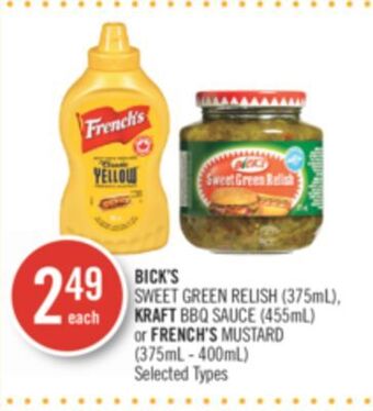 Shoppers Drug Mart Bick's sweet green relish (375ml), kraft bbq sauce (455ml) or french's mustard (375ml - 400ml) offer