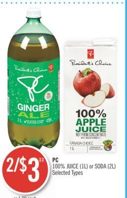 Shoppers Drug Mart Pc 100% juice (1l) or soda (2l) offer