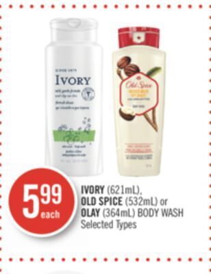 Shoppers Drug Mart Ivory (621ml), old spice (532ml) or olay (364ml) body wash offer