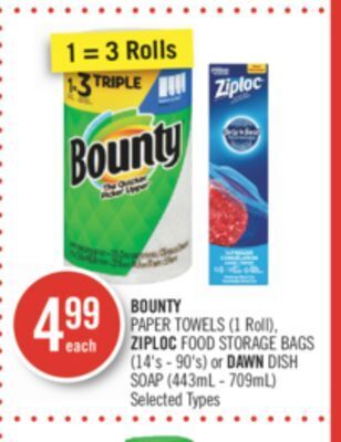 Shoppers Drug Mart Bounty paper towels (1 roll), ziploc food storage bags (14's - 90's) or dawn dish soap (443ml - 709ml) offer