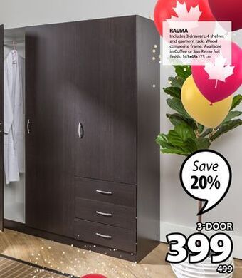 JYSK Rauma 3 door + 3 drawer wardrobe offer