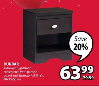 JYSK Dunbar 1-drawer nightstand constructed with particle board and espresso foil finish offer