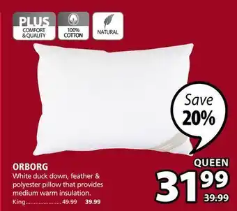 JYSK Orborg white duck down, feather & polyester pillow that provides medium warm insulation offer