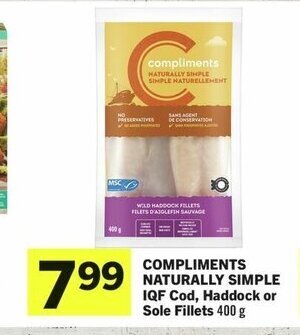 IGA COMPLIMENTS NATURALLY SIMPLE IQF Cod, Haddock or Sole Fillets 400 g offer