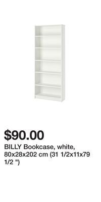 IKEA Billy bookcase, white, 80x28x202 cm (31 1/2x11x79 1/2 ) offer