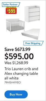 Walmart Trio lauren crib and alex changing table all white offer
