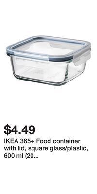 IKEA Ikea 365+ food container with lid, square glass/plastic, 600 ml (20 oz) offer