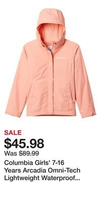 Mark's Columbia girls' 7-16 years arcadia omni-tech lightweight waterproof jacket offer