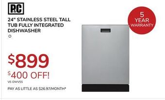 Goemans Appliances P&c 24 stainless steel tall tub fully integrated dishwasher offer