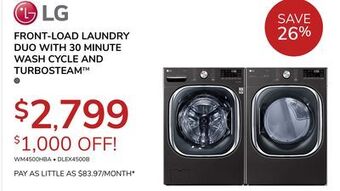 Goemans Appliances Lg front-load laundry duo with 30 minute wash cycle and turbosteam™ offer