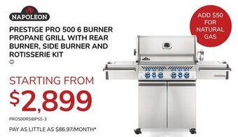 Goemans Appliances Napoleon prestige pro 500 6 burner propane grill with rear burner, side burner and rotisserie kit offer