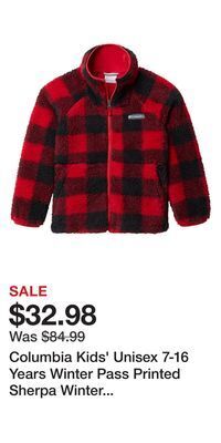 Mark's Columbia kids' unisex 7-16 years winter pass printed sherpa winter jacket - black red offer