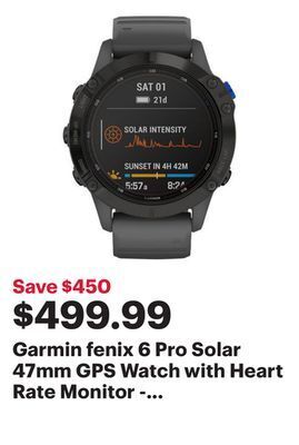 Best Buy Garmin fenix 6 pro solar 47mm gps watch with heart rate monitor - large - slate grey offer