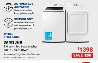 Visions Electronics Samsung 5.0 cu.ft. top load washer and 7.2 cu.ft. dryer offer