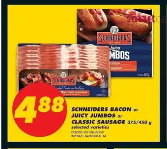 No Frills Schneiders bacon juicy jumbos classic sausage offer