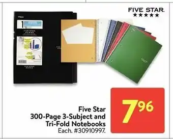 Walmart Five star 300-page 3-subject and tri-fold notebooks offer