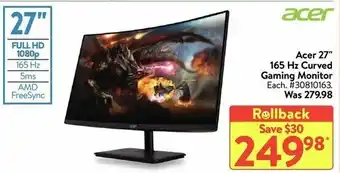 Walmart Acer 27" 165 hz curved gaming monitor offer