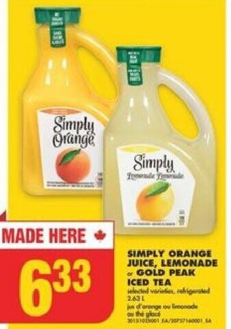 No Frills SIMPLY ORANGE JUICE, LEMONADE or GOLD PEAK Iced Tea 2.63 L offer