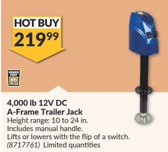 Princess Auto 4,000 lb 12v dc a-frame trailer jack offer
