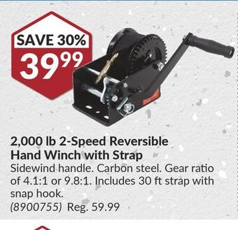 Princess Auto 2, 000 lb 2-speed reversible hand winch with strap offer