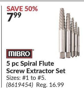 Princess Auto 5 pc spiral flute screw extractor set offer
