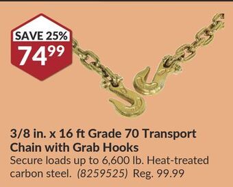 Princess Auto 3/8 in. x 16 ft grade 70 transport chain with grab hooks offer
