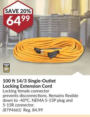 Princess Auto 100 ft 14/3 single-outlet locking extension cord offer