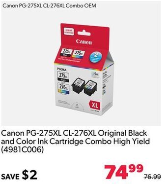 Shopper+ Canon pg-275xl cl-276xl original black and color ink cartridge combo high yield offer