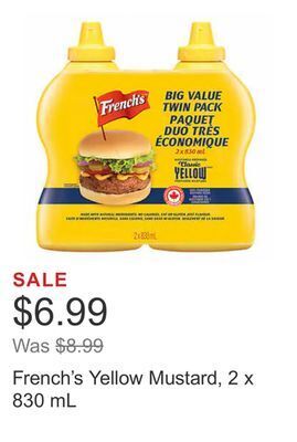 Costco French's yellow mustard, 2 x 830 ml offer