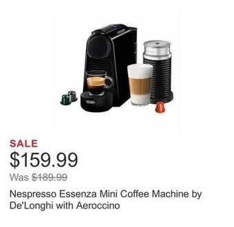 Costco Nespresso essenza mini coffee machine by de'longhi with aeroccino offer