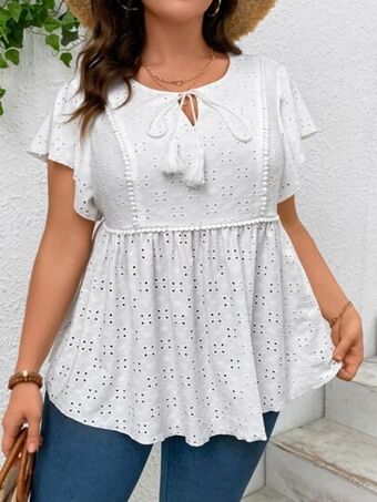 SheIn Shein frenchy plus eyelet embroidery tie neck butterfly sleeve peplum tee offer