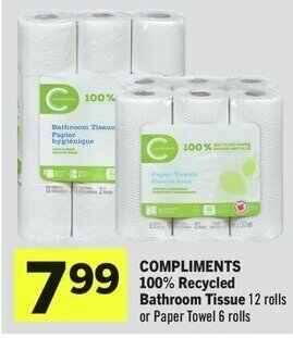 IGA COMPLIMENTS 100% Recycled Bathroom Tissue 12 rolls or Paper Towel 6 rolls offer