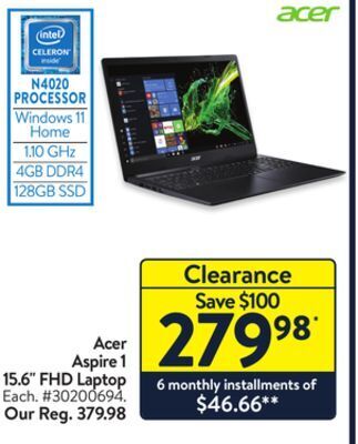 Walmart Acer aspire 1 15.6 fhd laptop offer