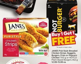 Sobeys Janes pub style breaded chicken strips, nuggets, burgers, fries or popcorn chicken offer