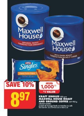 No Frills Kraft singles, 825 g or maxwell house roast and ground coffee, 631-925 g offer