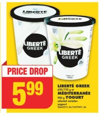 No Frills Liberté greek, 650/750 g or méditerranée, 900 g yogurt offer