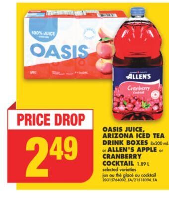 No Frills Oasis juice, arizona iced tea drink boxes, 8x200 ml or allen's apple or cranberry cocktail, 1.89 l offer