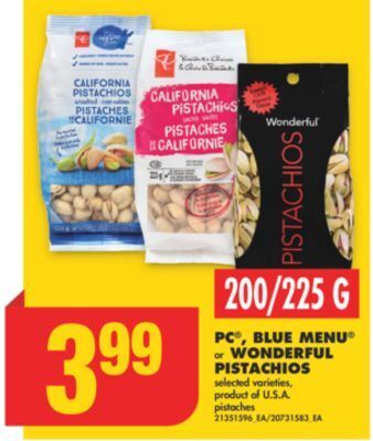No Frills Pc®, blue menu® or wonderful pistachios, 200/225 g offer
