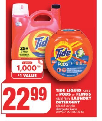 No Frills Tide liquid, 4.55 l or pods or flings, 48/61/81's laundry detergent offer