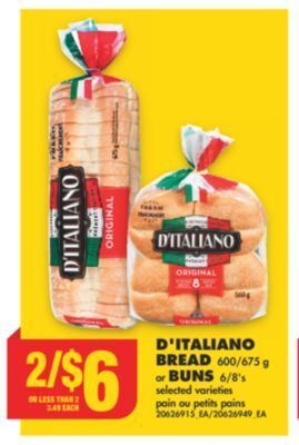 No Frills D'italiano bread, 600/675 g or buns, 6/8's offer