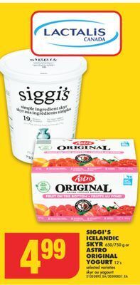 No Frills Siggi's icelandic skyr, 650/750 g or astro original yogurt, 12's offer