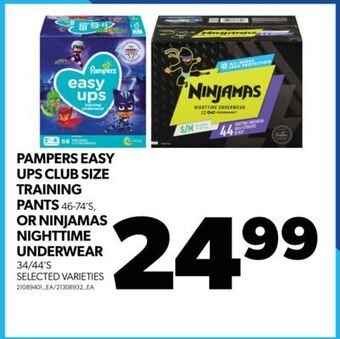 Real Canadian Superstore Pampers easy ups club size training pants, 46-74's, or ninjamas nighttime underwear, 34/44's offer