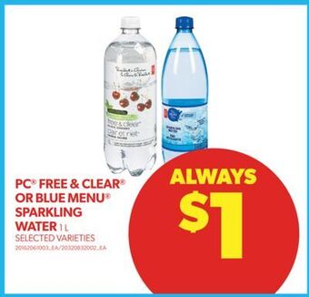 Real Canadian Superstore Pc® free & clear® or blue menu® sparkling water, 1 l offer